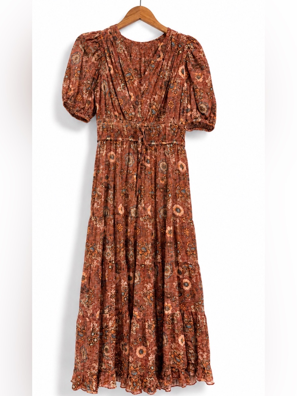 Ulla Johnson Rust Floral Tiered Maxi with Puff Sleeves